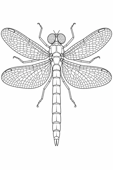 A dragonfly has four wings filled with a fine network of small cells and a long segmented body.