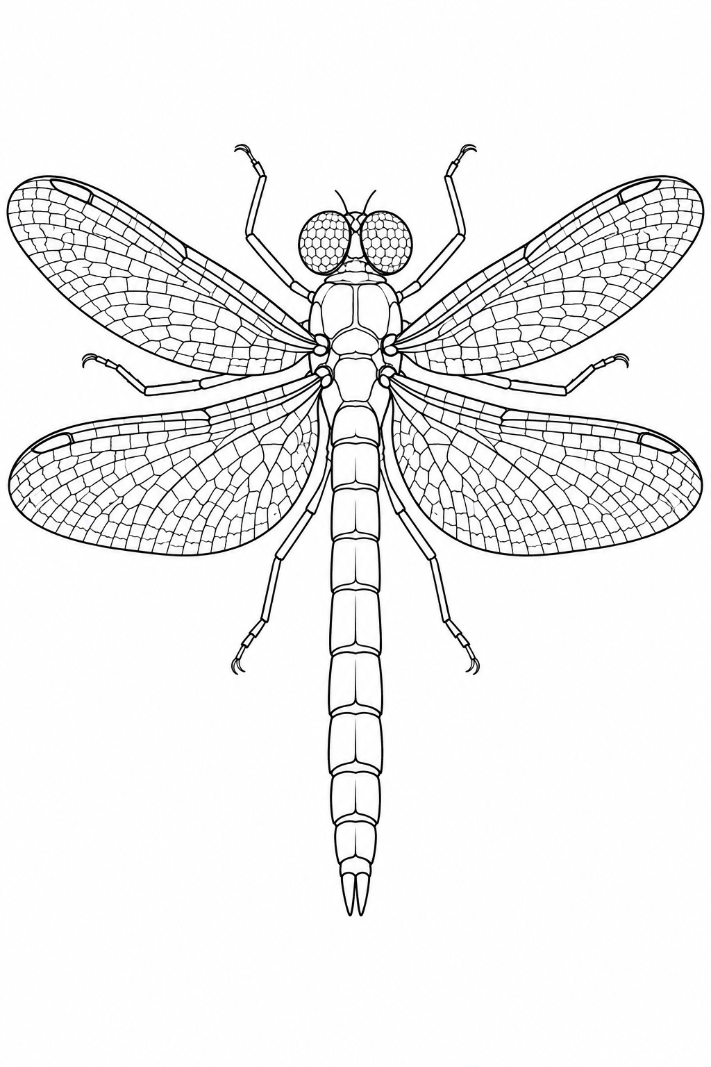 A dragonfly has four wings filled with a fine network of small cells and a long segmented body.