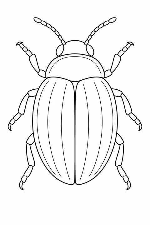 A top-view beetle with six legs, two antennae and grooved wing covers.