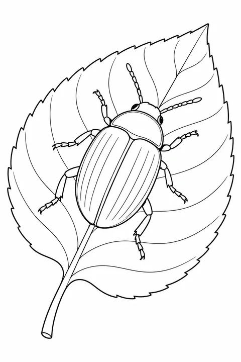 One beetle with six legs and two antennae on a toothed leaf with branching veins.