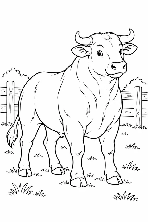 A broad-shouldered bull standing beside a wooden fence on grass.