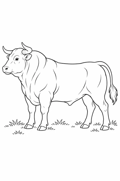 A side-view bull with a thick neck, curved horns and tufted tail on sparse grass.