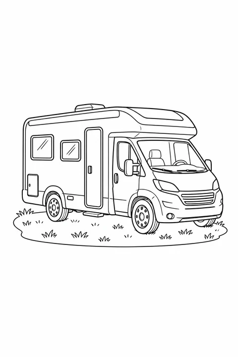 A parked motorhome with a driver’s cab, side door, windows and road wheels.