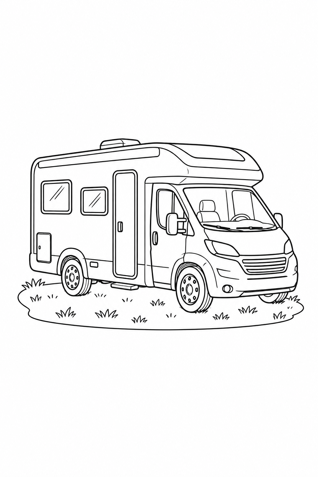 A parked motorhome with a driver’s cab, side door, windows and road wheels.
