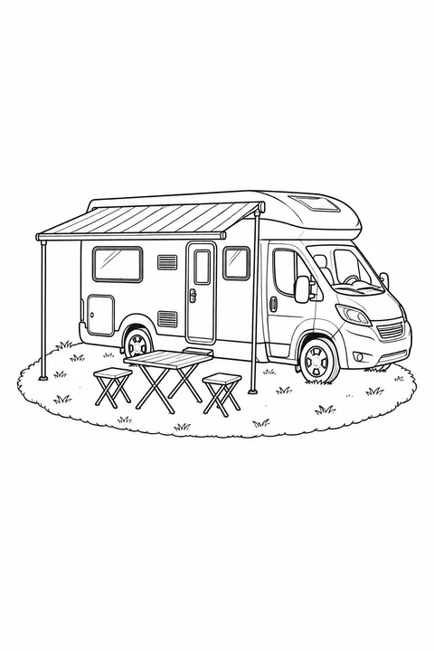 A motorhome with a striped awning, folding camping table and two stools.