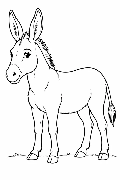 A donkey stands with two long upright ears, a short spiky mane, four hooves and a tuft at the end of its tail.