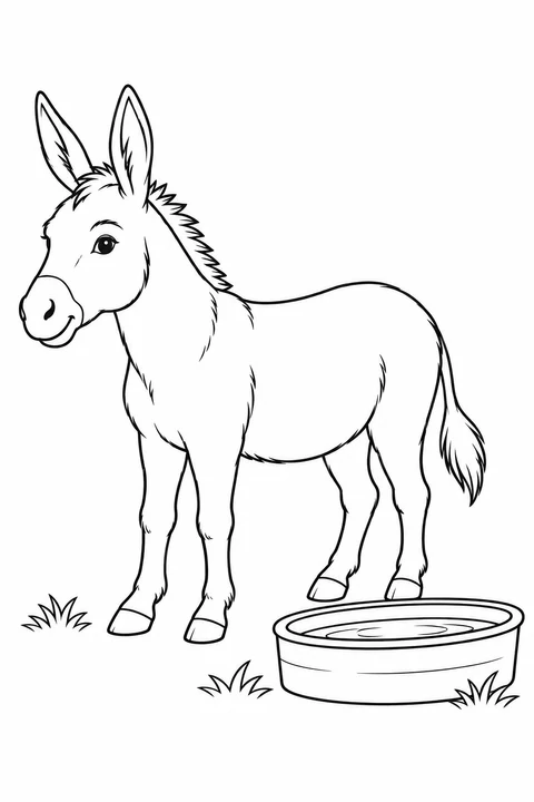 A long-eared donkey stands beside an oval water trough, with three small grass tufts around its hooves and the trough.