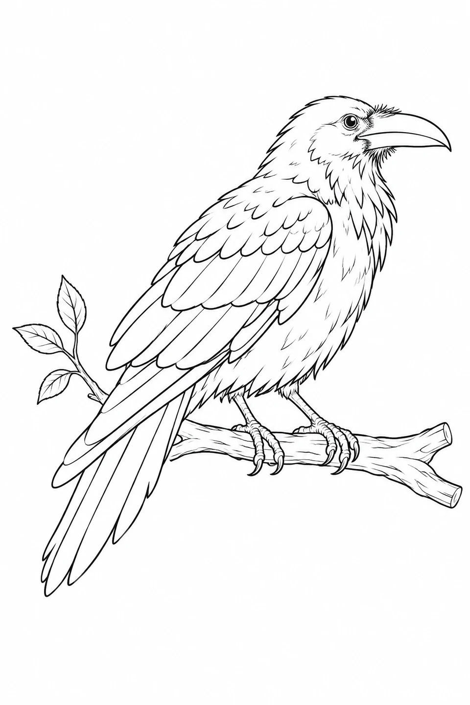 Raven on a three-leaf branch, with a heavy bill, shaggy throat and tapered tail.