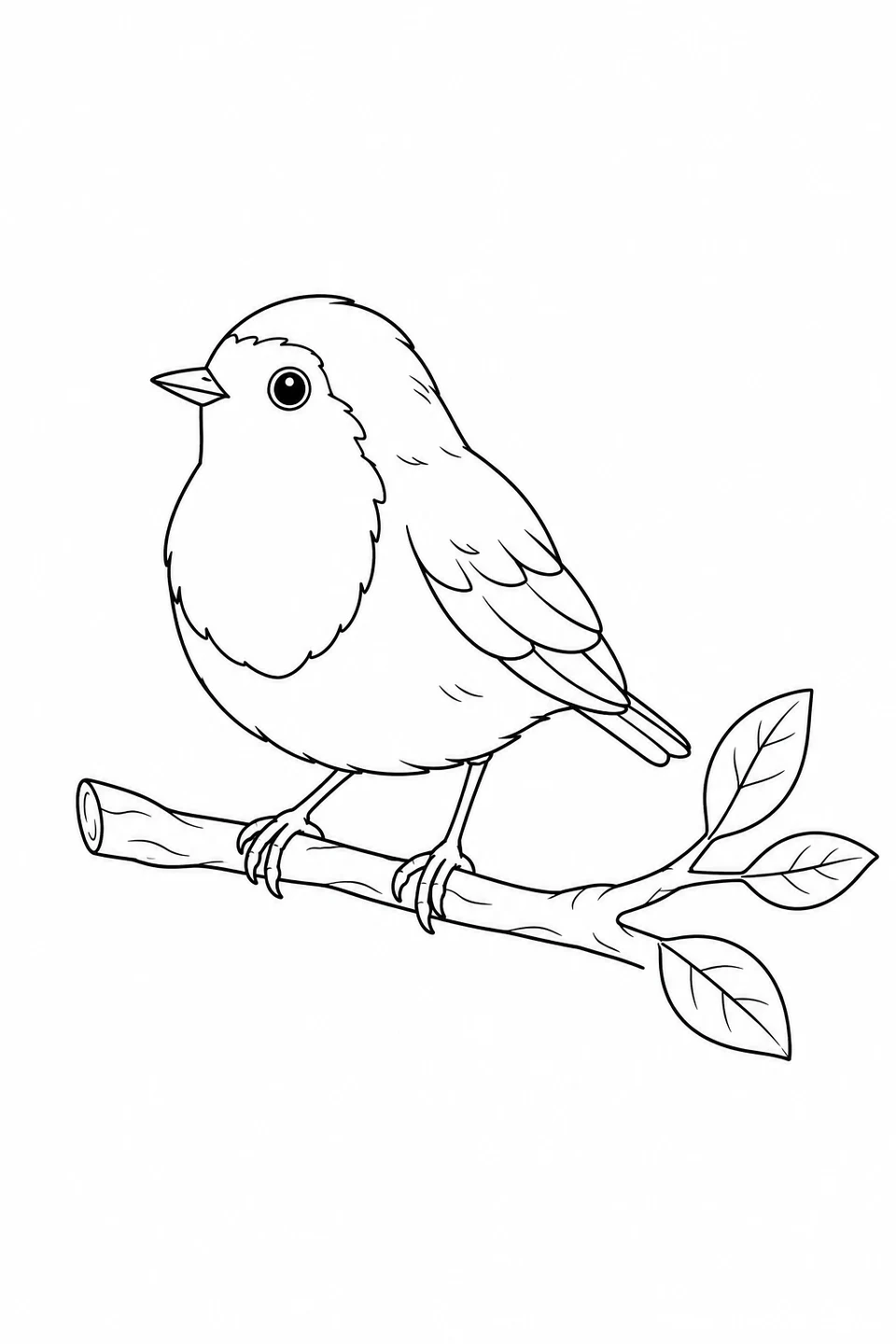 Rotkehlchen auf einem Ast mit drei Blättern, abgegrenzter Brustfläche und gefaltetem Flügel.