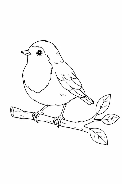 Rotkehlchen auf einem Ast mit drei Blättern, abgegrenzter Brustfläche und gefaltetem Flügel.