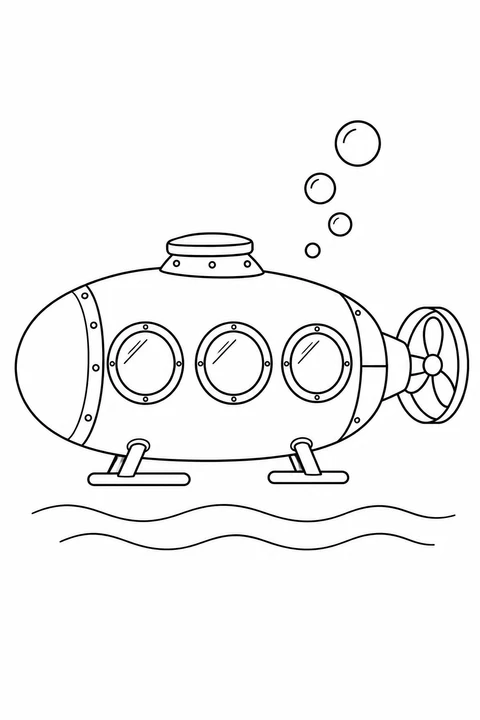 Rounded exploration submarine with three round windows, a hatch, propeller and four bubbles.