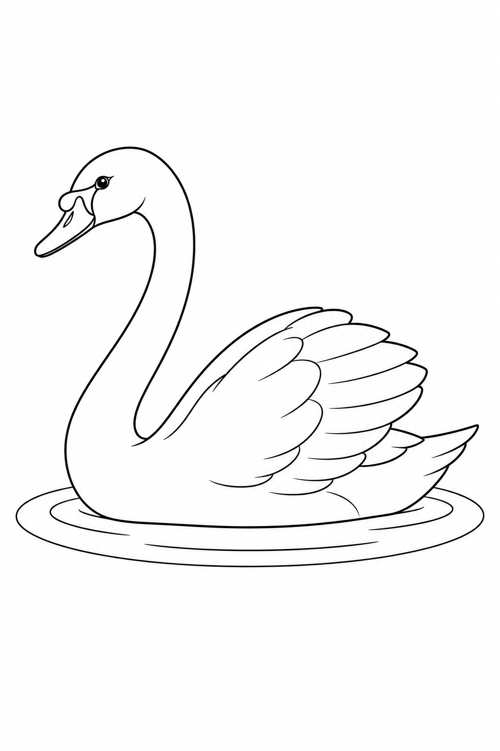 Zwaan naar links op ovale waterkringen, met een lange gebogen nek en gelaagde vleugel.