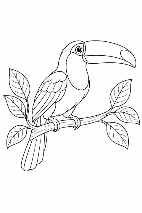 Toucan on a curved branch with six broad leaves and a long bill.