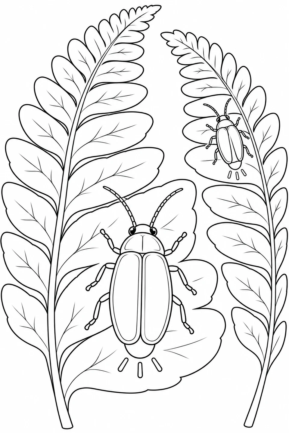 A large foreground firefly and a smaller firefly among two arching fern fronds.