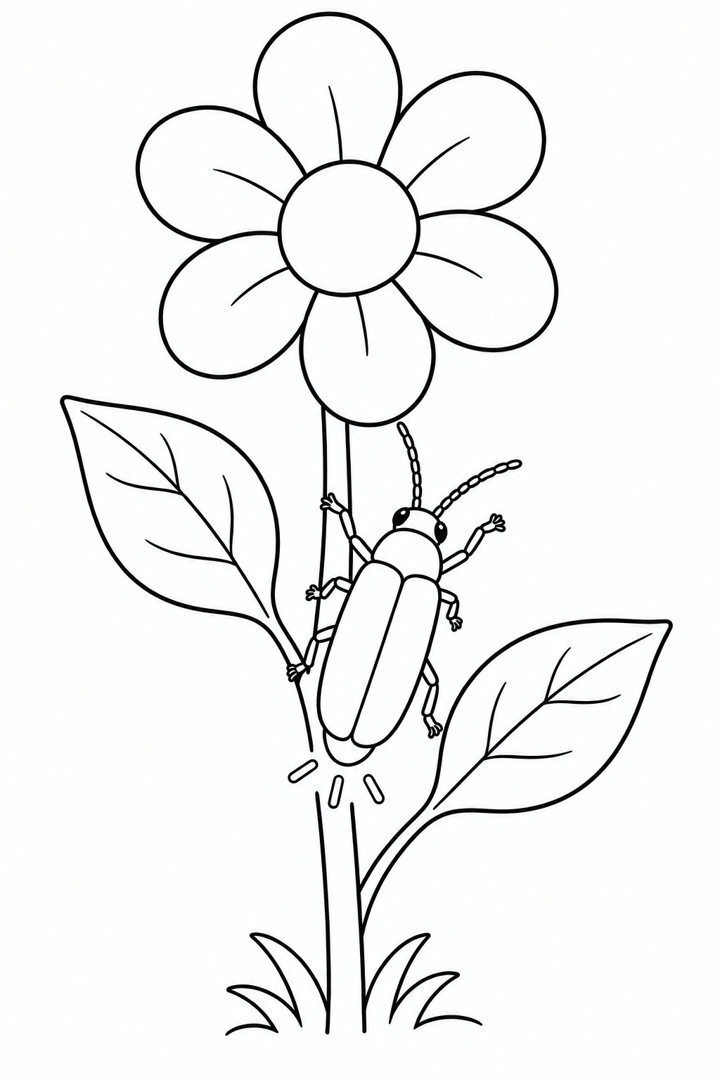 A firefly beside a tall stem with a six-petaled flower, two veined leaves and grass at the base.