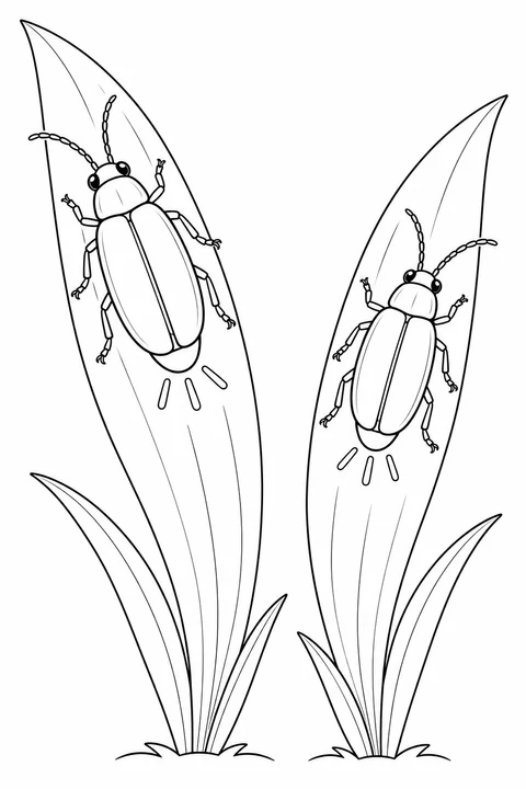 Two closed-wing fireflies facing different directions on two long grass leaves.