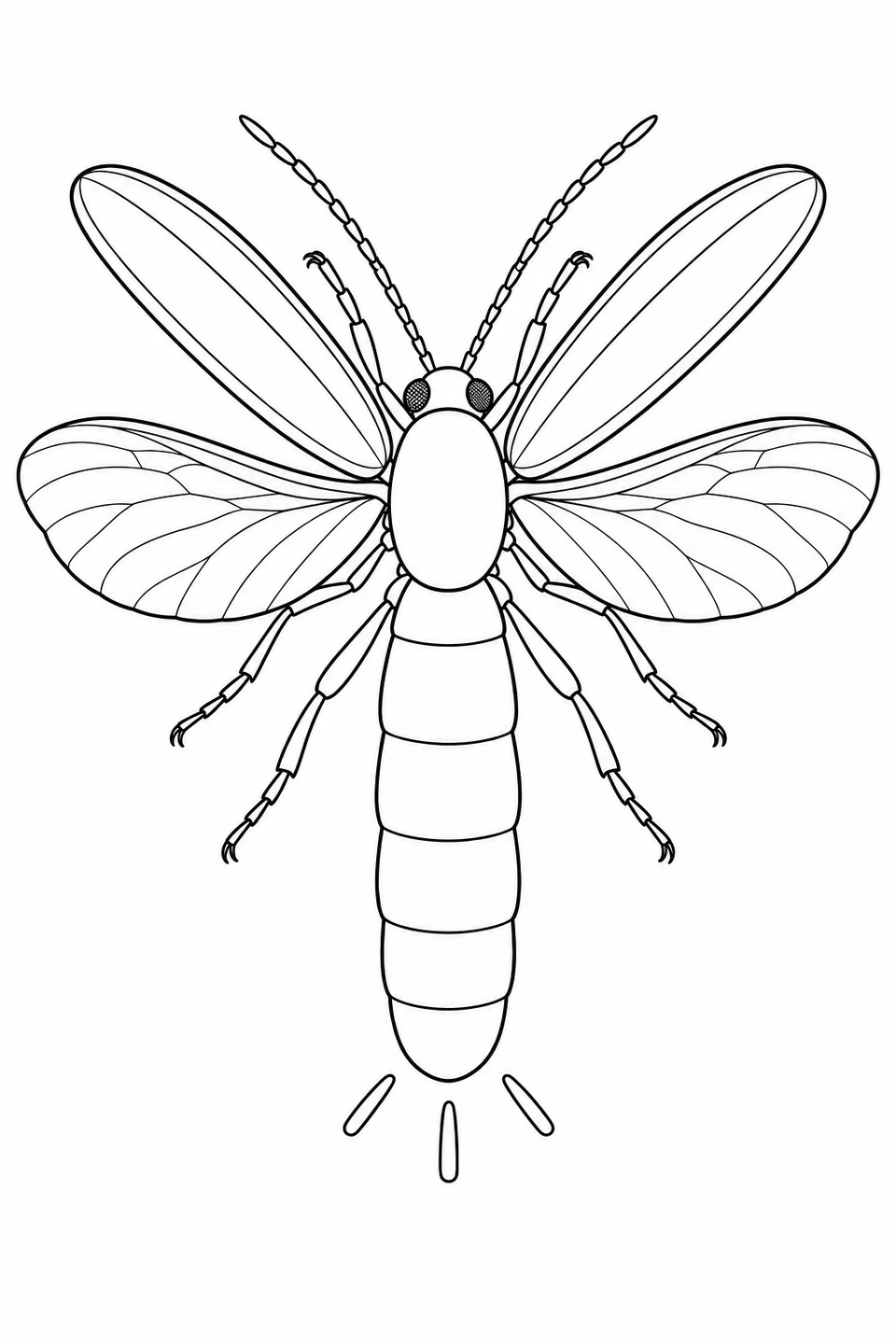 A flying firefly with raised wing covers, two veined wings and three rays below its abdomen.