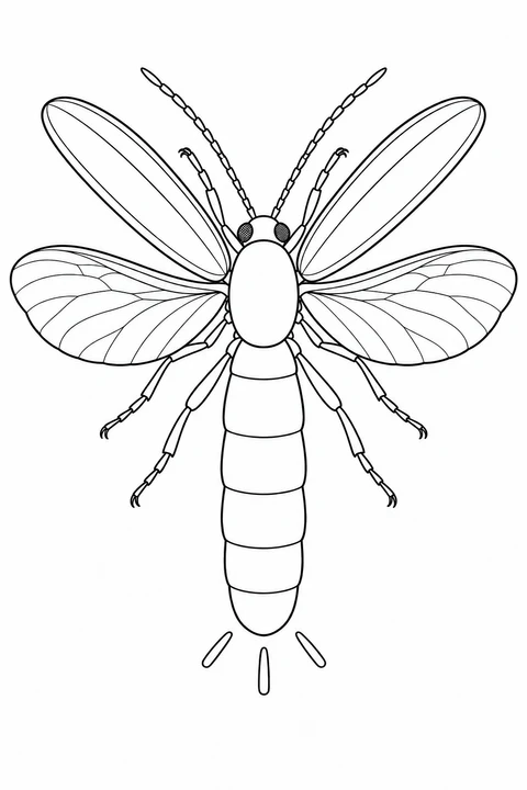 A flying firefly with raised wing covers, two veined wings and three rays below its abdomen.