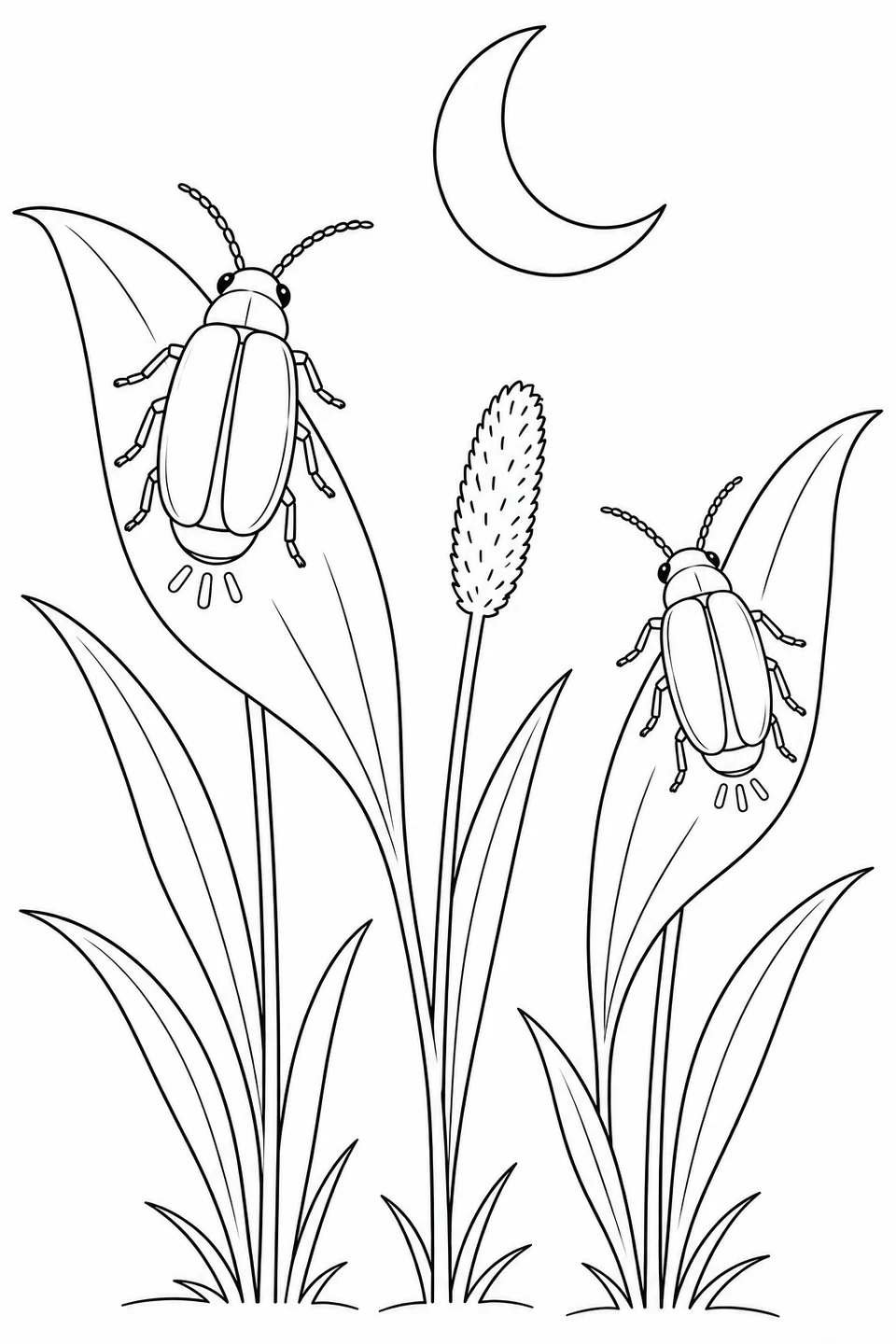 Two fireflies on reed leaves beneath a crescent moon, beside a tall seed head.
