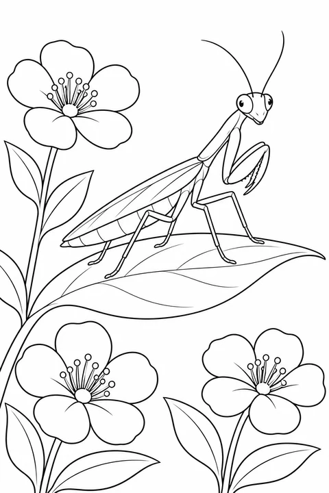 A mantis rests on a broad leaf among three open flowers.