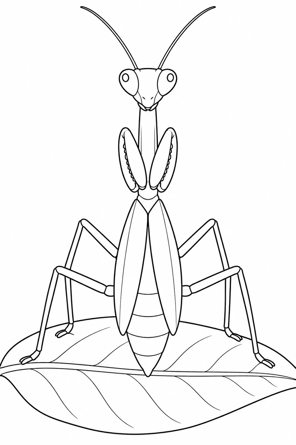 A mantis faces forward on a broad leaf, with two long antennae and folded front legs.
