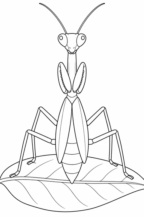 A mantis faces forward on a broad leaf, with two long antennae and folded front legs.