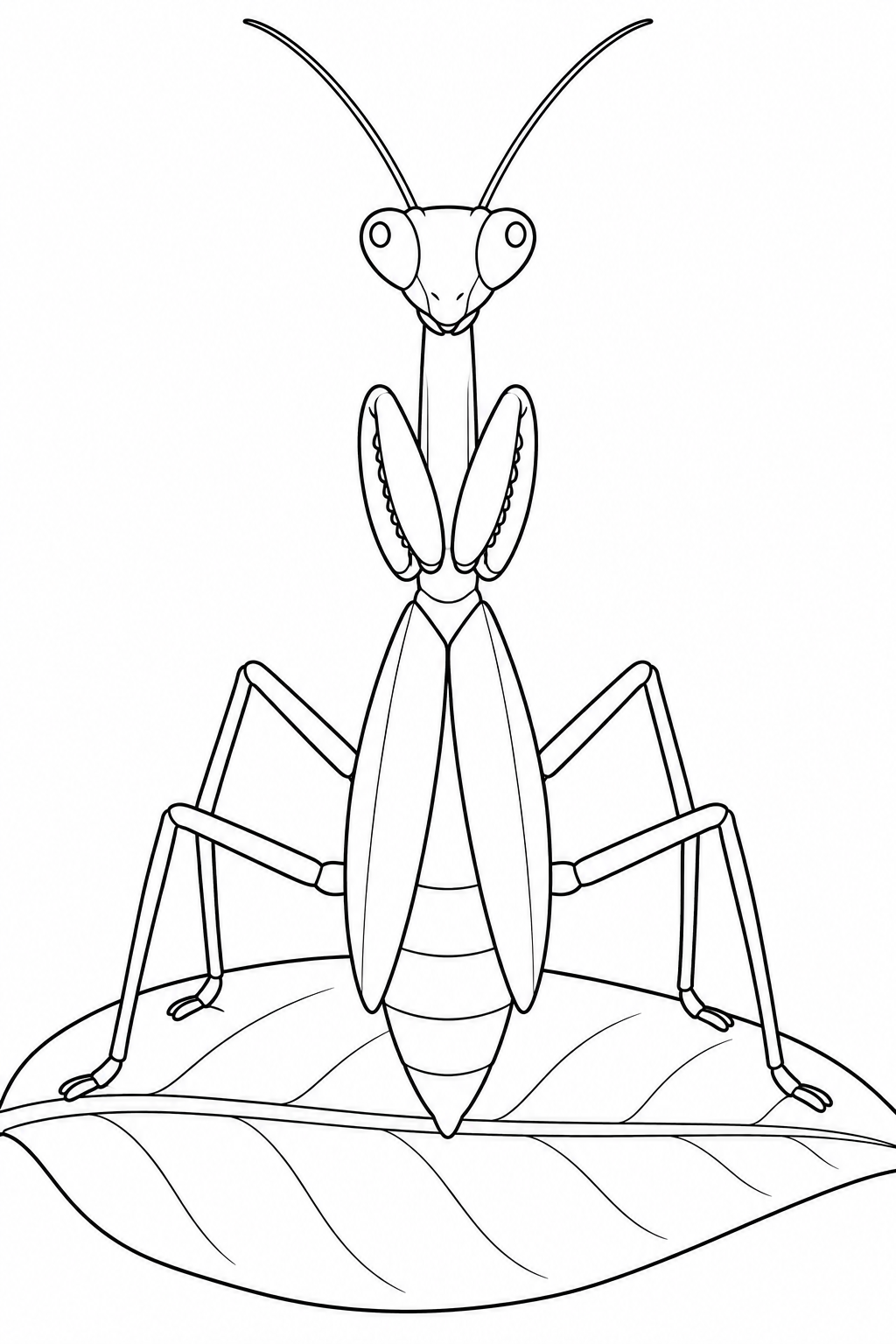 A mantis faces forward on a broad leaf, with two long antennae and folded front legs.