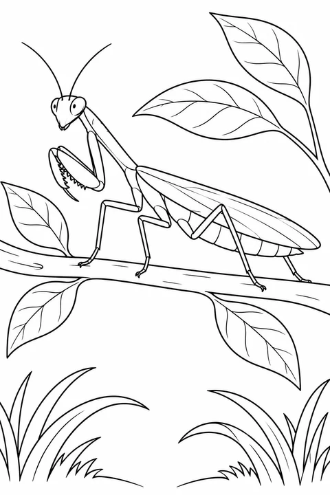 A mantis rests on a long branch surrounded by veined leaves, with two grass tufts below.