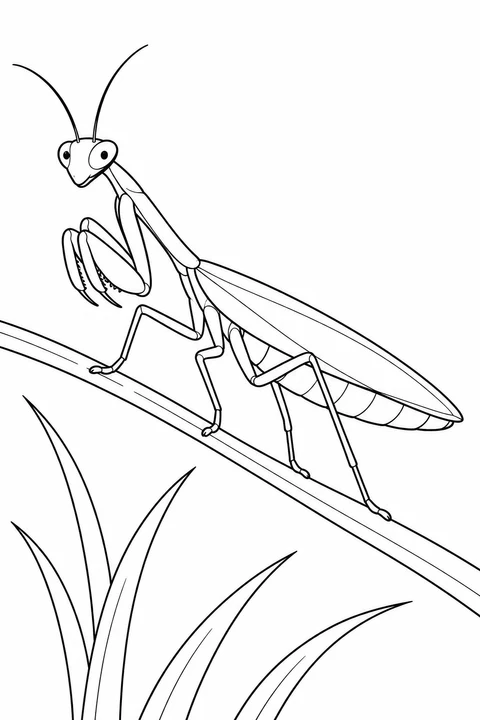 A mantis rests sideways on a diagonal grass stem, with pointed grass blades below.