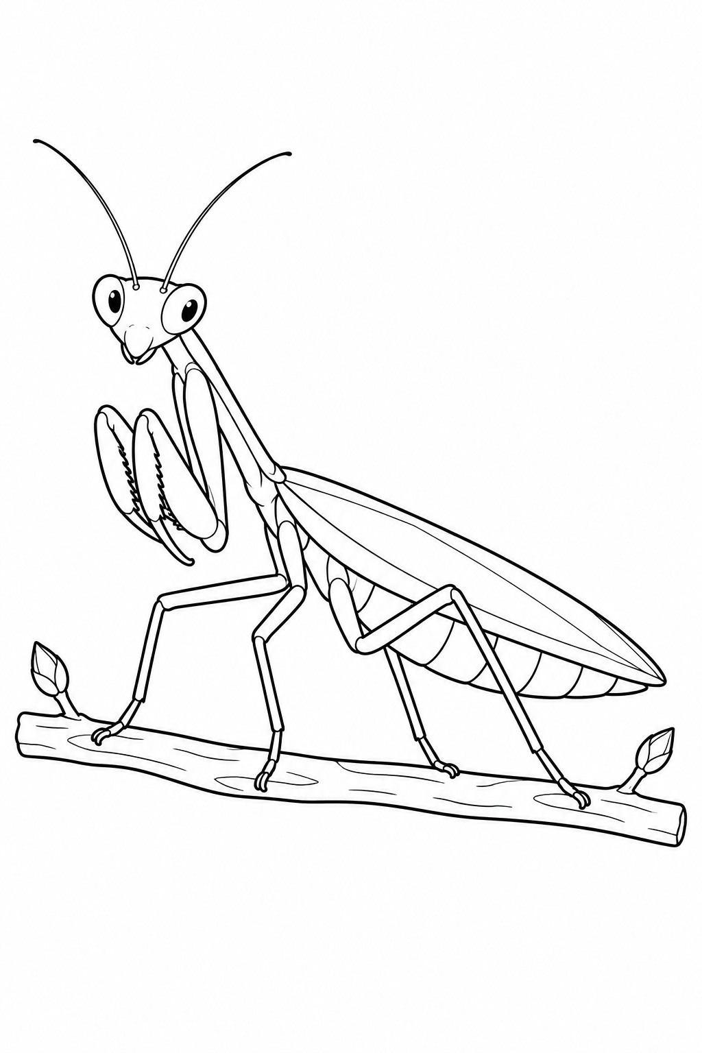 両端に小さな葉っぱがある小枝に、カマキリが乗っています。頭はこちらを向いています。