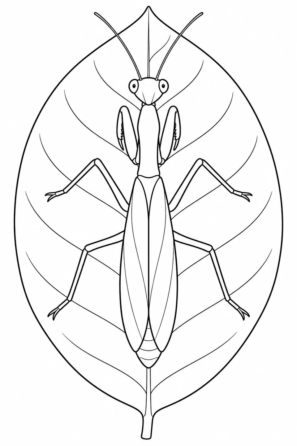 A mantis rests along the central vein of an upright leaf, with its head at the top and its legs spread to the sides.