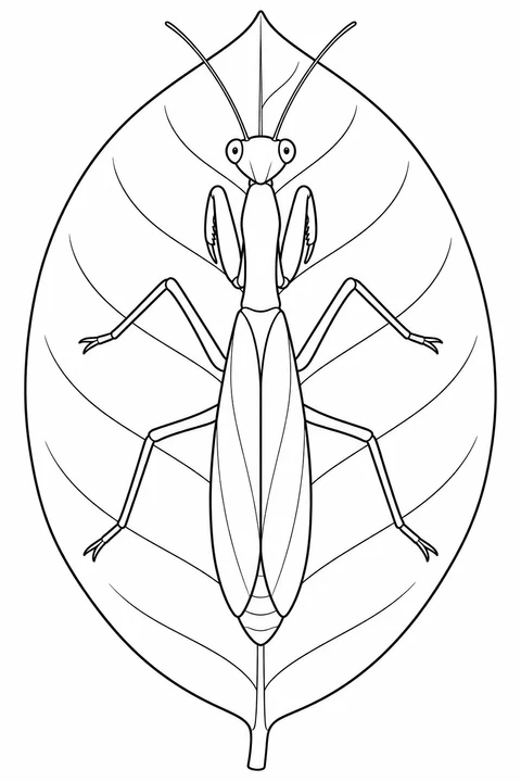 A mantis rests along the central vein of an upright leaf, with its head at the top and its legs spread to the sides.