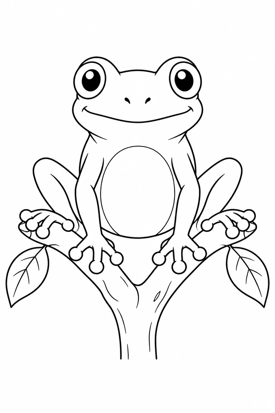 Front-facing tree frog on a forked branch with two leaves.