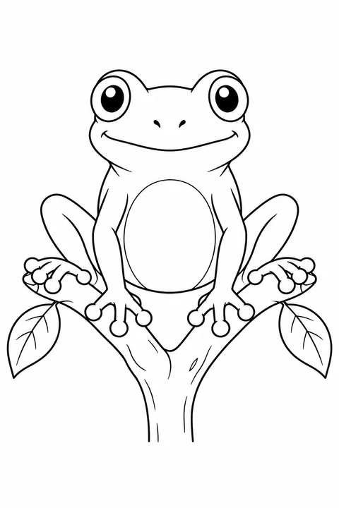 Front-facing tree frog on a forked branch with two leaves.