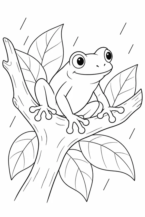 Tree frog on a forked branch surrounded by overlapping leaves and short rain lines.