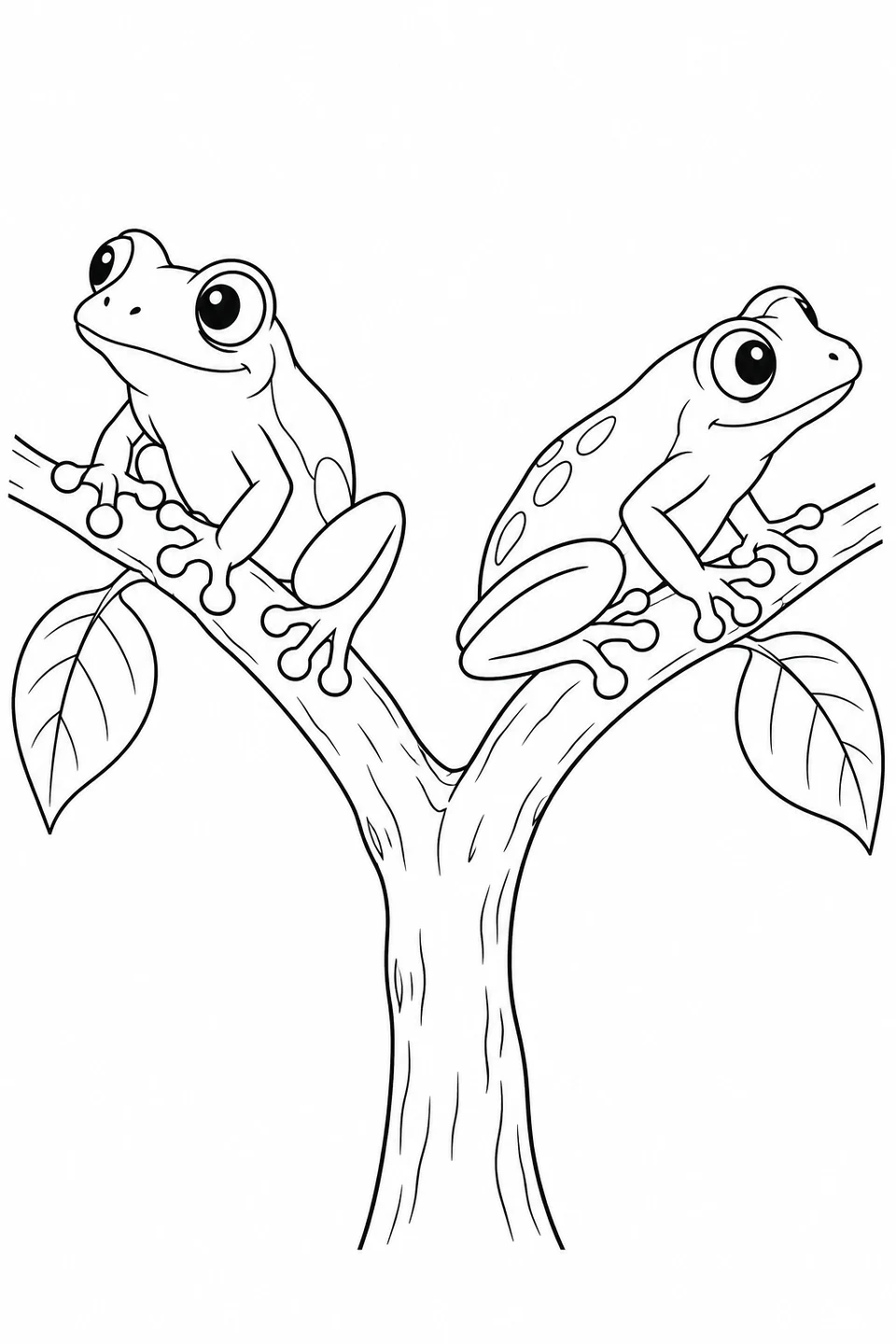 Deux rainettes regardent en sens opposés sur une branche fourchue ; celle de droite est tachetée.