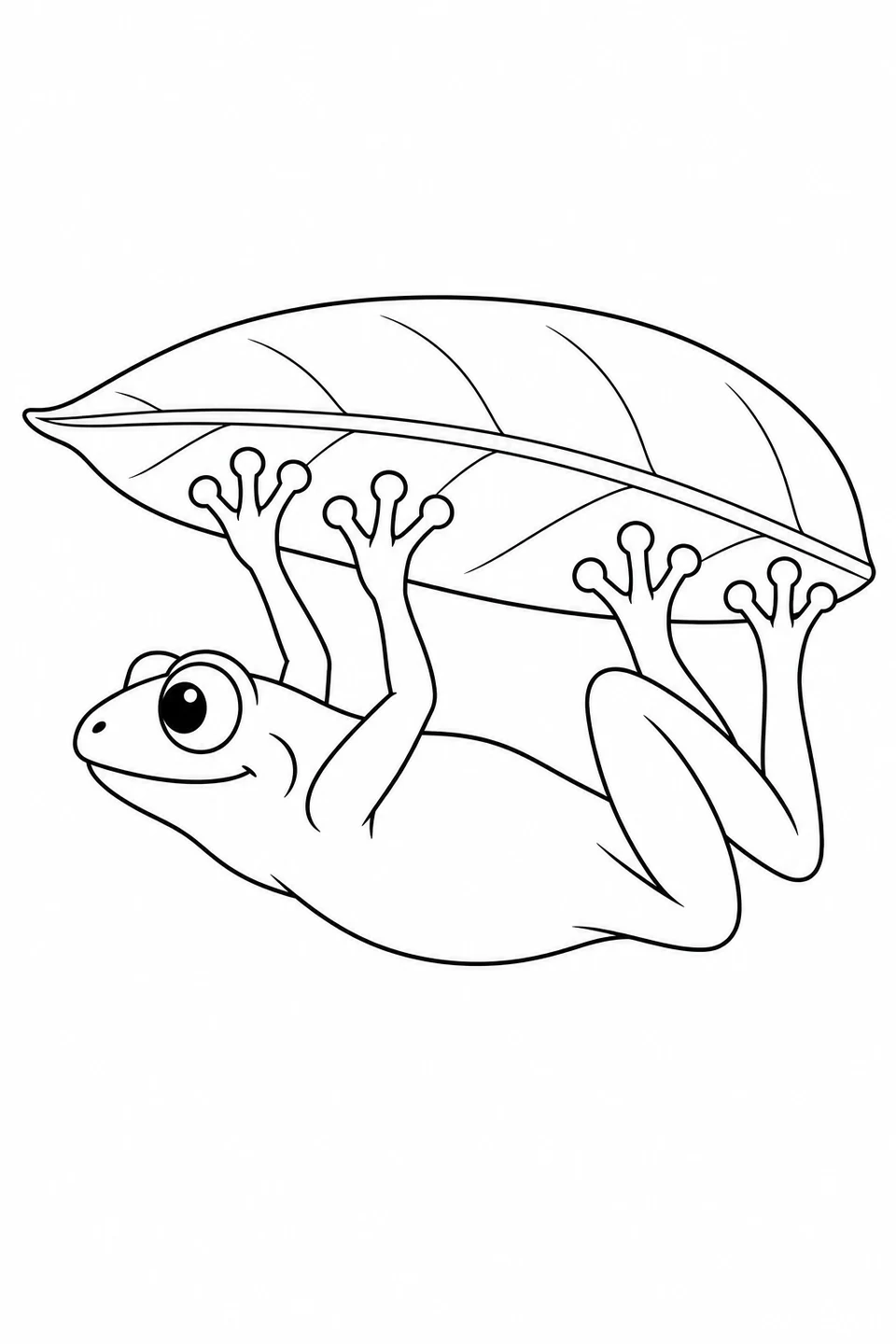Side view of a tree frog holding the underside of a veined leaf.