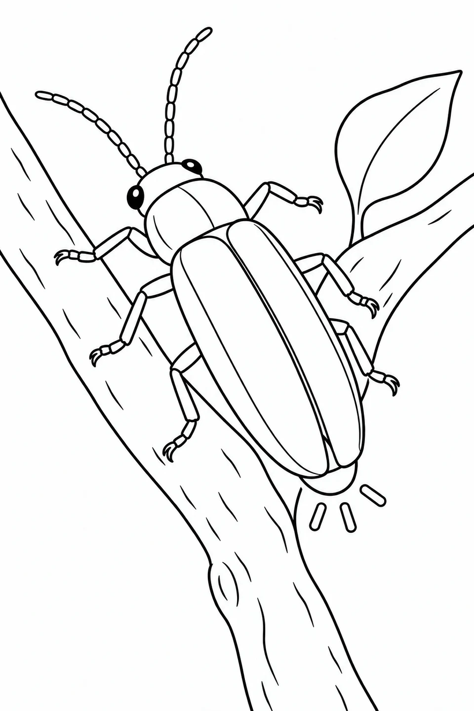 A firefly sits diagonally on a forked twig beside one pointed leaf. Closed wing covers form two large smooth sections, with three short outline rays beside the tail tip.