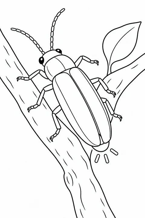 A firefly sits diagonally on a forked twig beside one pointed leaf. Closed wing covers form two large smooth sections, with three short outline rays beside the tail tip.