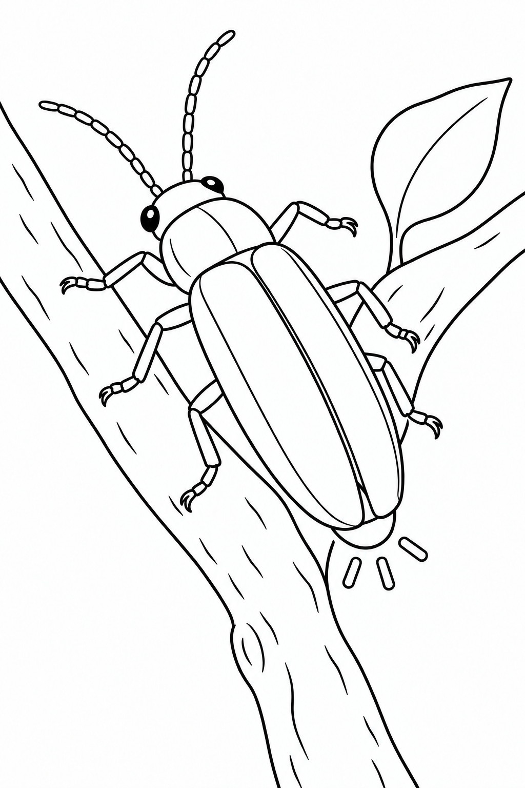 A firefly sits diagonally on a forked twig beside one pointed leaf. Closed wing covers form two large smooth sections, with three short outline rays beside the tail tip.