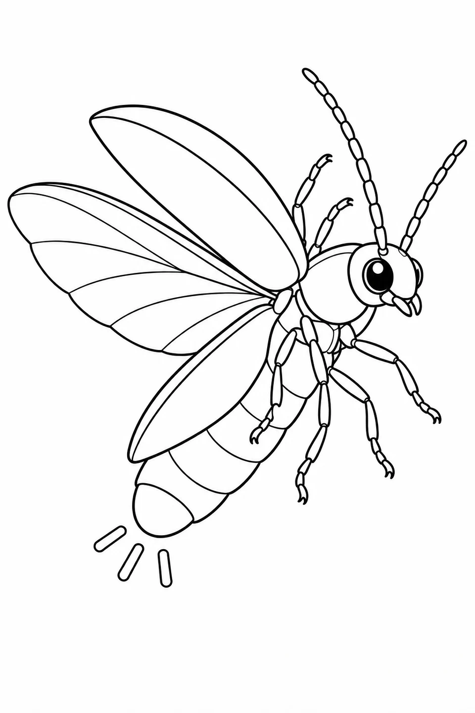 A flying firefly angles upward to the right, with a segmented abdomen and raised wing covers. A broad veined wing opens to the left, and three short outline rays sit by the abdomen tip.