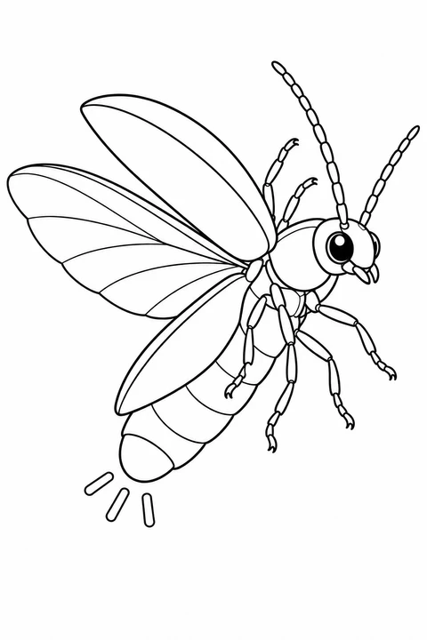 A flying firefly angles upward to the right, with a segmented abdomen and raised wing covers. A broad veined wing opens to the left, and three short outline rays sit by the abdomen tip.