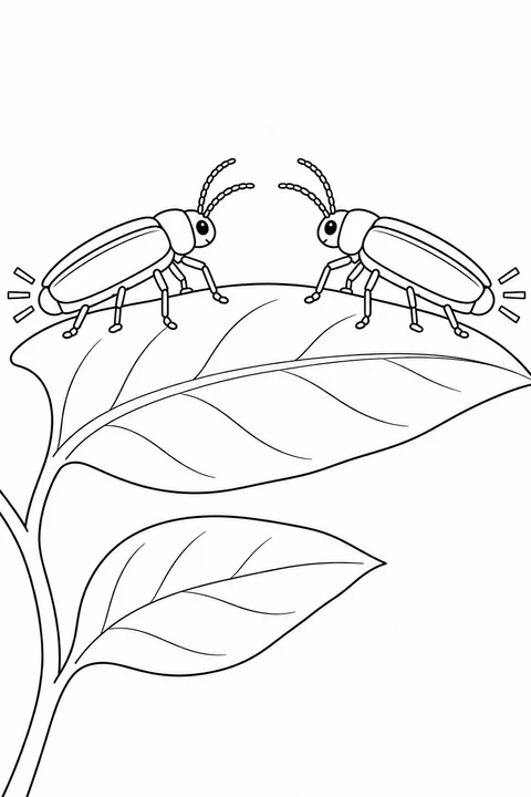 Two fireflies face each other on a shared broad leaf, with a smaller leaf below. Their closed wing covers, paired antennae and outward tail rays stay separate.