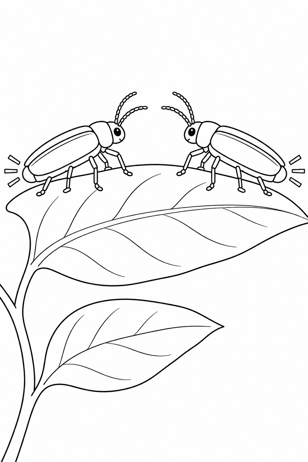 Two fireflies face each other on a shared broad leaf, with a smaller leaf below. Their closed wing covers, paired antennae and outward tail rays stay separate.