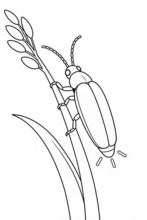 A firefly clings to a slanting grass stem beneath a sparse seed head. A long leaf curves beside its closed wing covers, and three short outline rays sit by the abdomen tip.