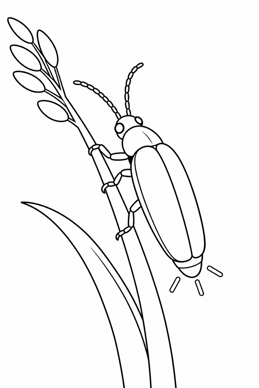 A firefly clings to a slanting grass stem beneath a sparse seed head. A long leaf curves beside its closed wing covers, and three short outline rays sit by the abdomen tip.