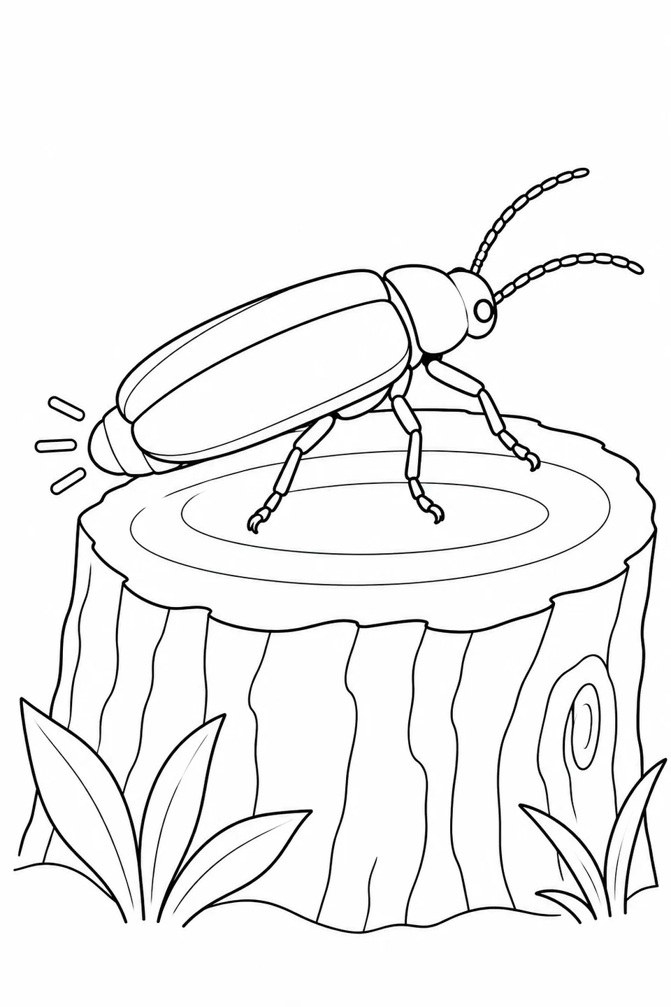 A firefly rests on a tree stump with broad ring lines and bark panels. Its wing covers are closed, and three short outline rays sit beside the abdomen tip.