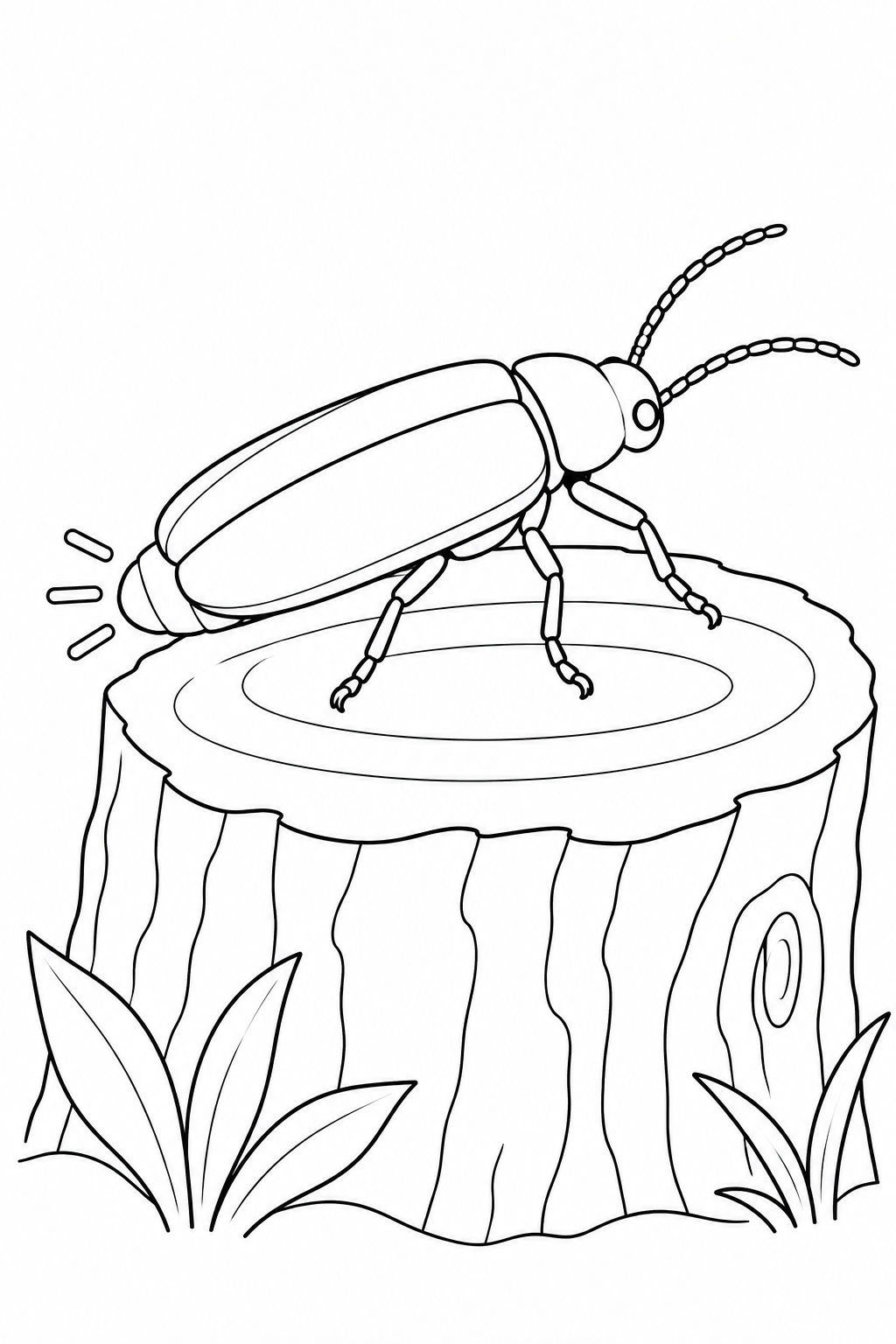 Una lucciola si posa su un ceppo con ampi anelli e fasce di corteccia. Le elitre sono chiuse e tre brevi raggi sono disegnati accanto alla punta dell’addome.