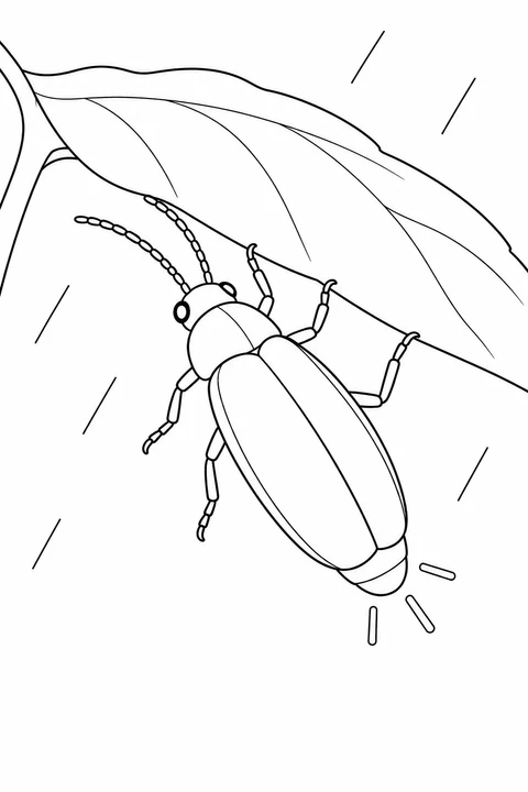 A firefly hangs beneath the edge of a large sloping leaf. Some legs bend up to grip it, while a few separate rain lines surround the closed wing covers and tail rays.