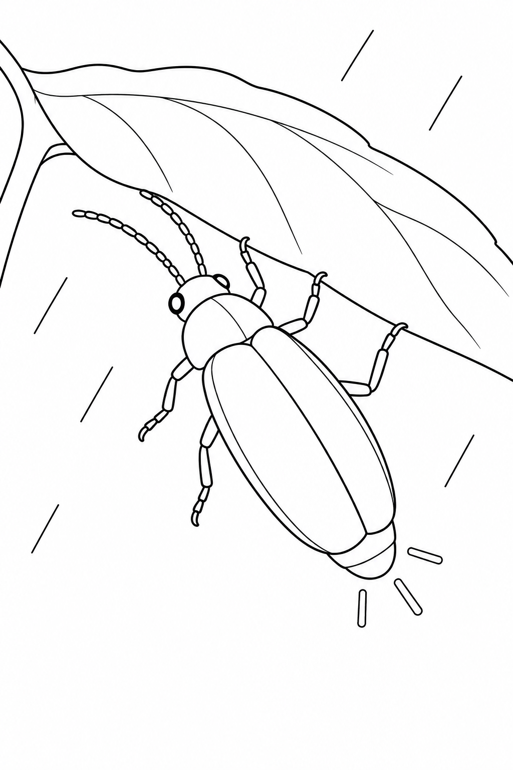 A firefly hangs beneath the edge of a large sloping leaf. Some legs bend up to grip it, while a few separate rain lines surround the closed wing covers and tail rays.